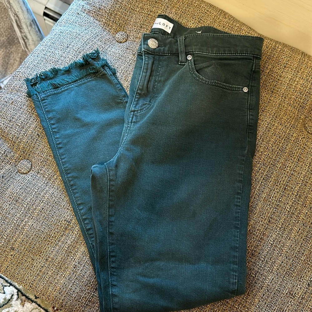 Loft Denim Forest Green distressed ankle pants
